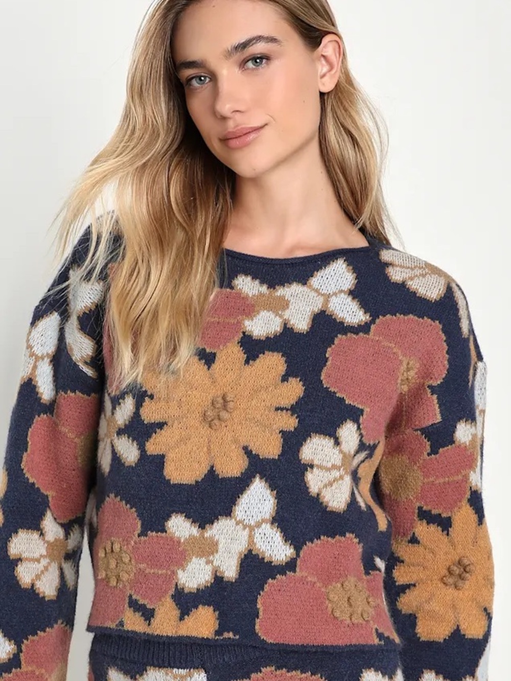 Lulus‎ Floral Knit Sweater Top- Navy Floral